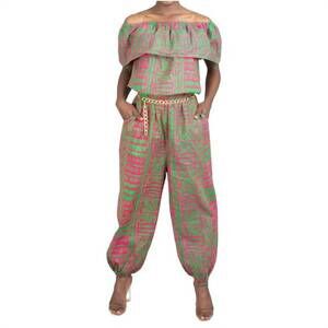NEW KARA CHIC african print off-shoulder jumpsuit in green/pink